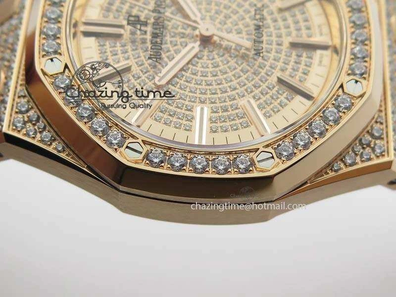 Royal Oak 37mm 15452 RG Full Paved Diamonds JF 1:1 Best Edition Diamonds Dial On Leather Strap A3120