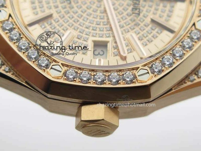 Royal Oak 37mm 15452 RG Full Paved Diamonds JF 1:1 Best Edition Diamonds Dial On Leather Strap A3120
