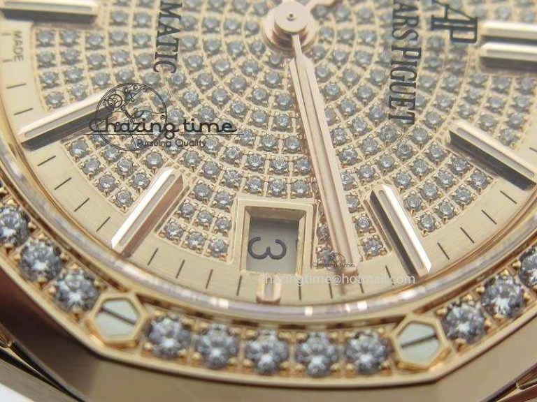 Royal Oak 37mm 15452 RG Full Paved Diamonds JF 1:1 Best Edition Diamonds Dial On Leather Strap A3120
