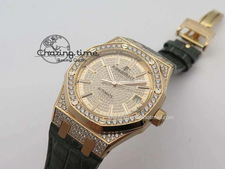 Royal Oak 37mm 15452 RG Full Paved Diamonds JF 1:1 Best Edition Diamonds Dial On Leather Strap A3120