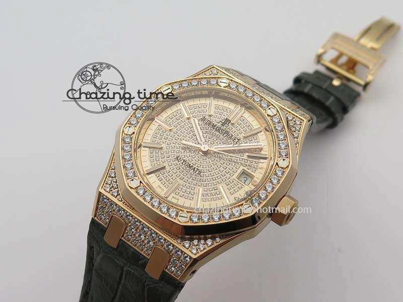 Royal Oak 37mm 15452 RG Full Paved Diamonds JF 1:1 Best Edition Diamonds Dial On Leather Strap A3120