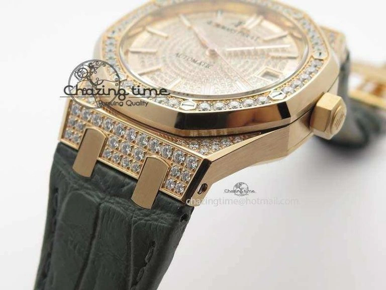 Royal Oak 37mm 15452 RG Full Paved Diamonds JF 1:1 Best Edition Diamonds Dial On Leather Strap A3120
