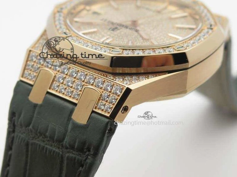 Royal Oak 37mm 15452 RG Full Paved Diamonds JF 1:1 Best Edition Diamonds Dial On Leather Strap A3120