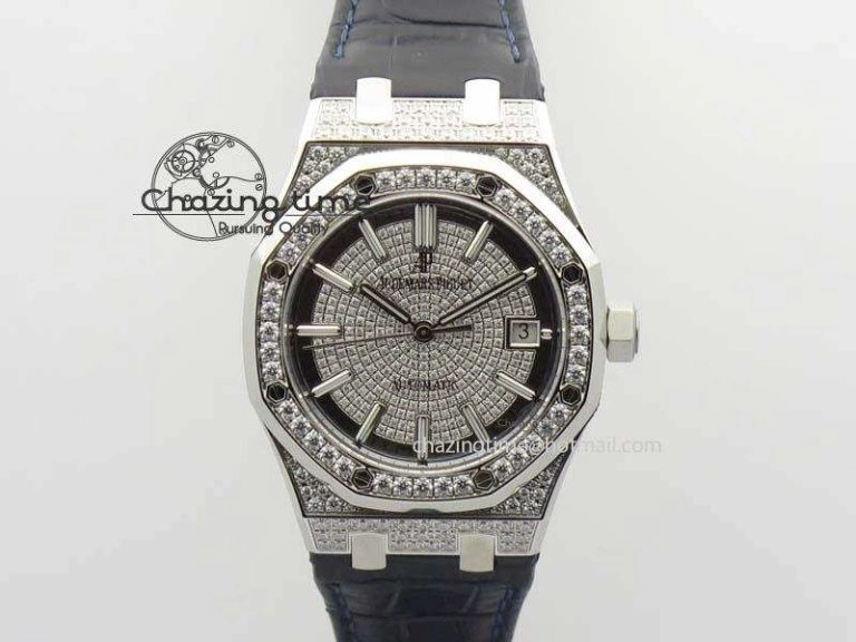 Royal Oak 37mm 15452 SS Full Paved Diamonds JF 1:1 Best Edition Diamonds Dial On Leather Strap A3120