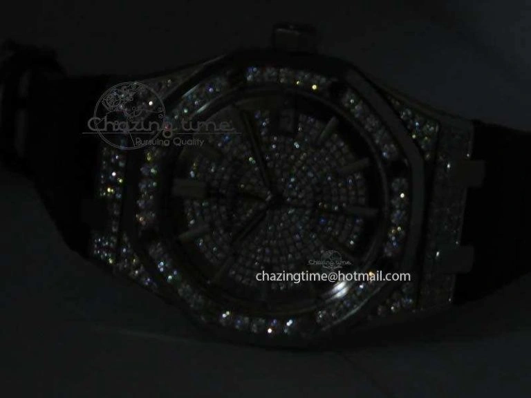 Royal Oak 37mm 15452 SS Full Paved Diamonds JF 1:1 Best Edition Diamonds Dial On Leather Strap A3120