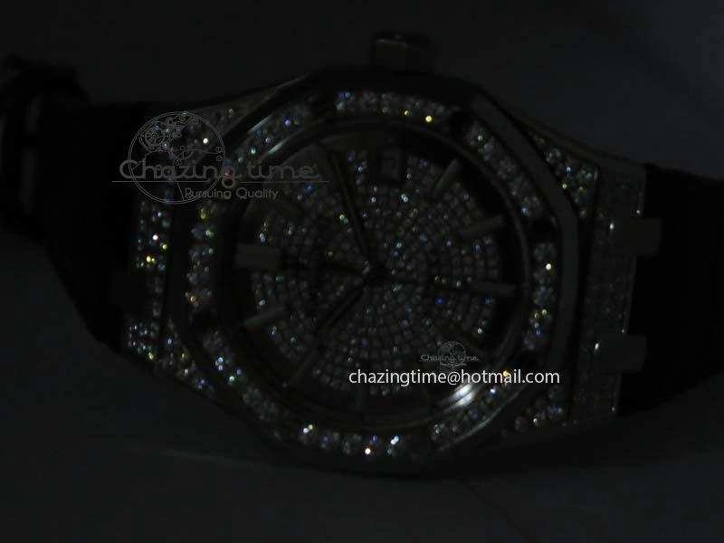 Royal Oak 37mm 15452 SS Full Paved Diamonds JF 1:1 Best Edition Diamonds Dial On Leather Strap A3120