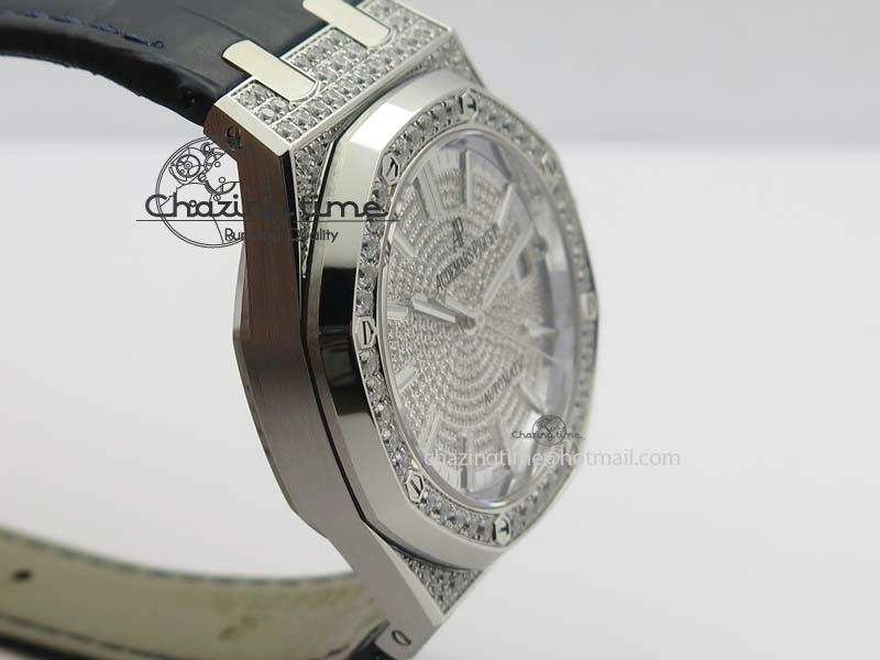 Royal Oak 37mm 15452 SS Full Paved Diamonds JF 1:1 Best Edition Diamonds Dial On Leather Strap A3120