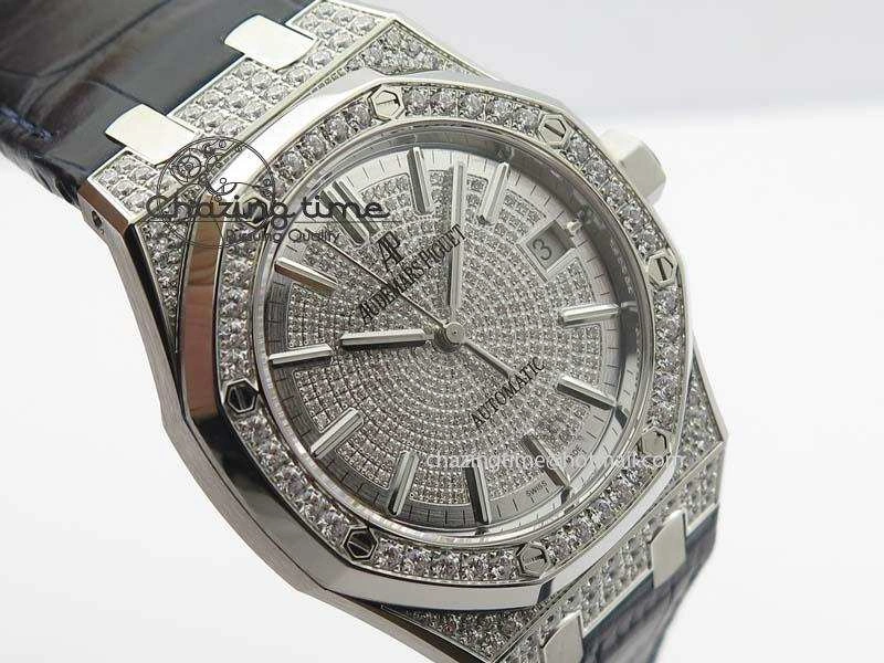 Royal Oak 37mm 15452 SS Full Paved Diamonds JF 1:1 Best Edition Diamonds Dial On Leather Strap A3120