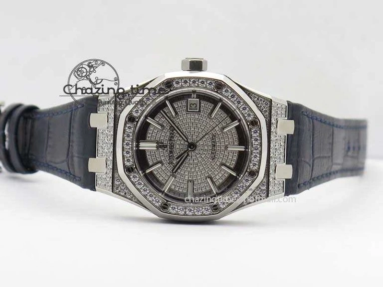 Royal Oak 37mm 15452 SS Full Paved Diamonds JF 1:1 Best Edition Diamonds Dial On Leather Strap A3120