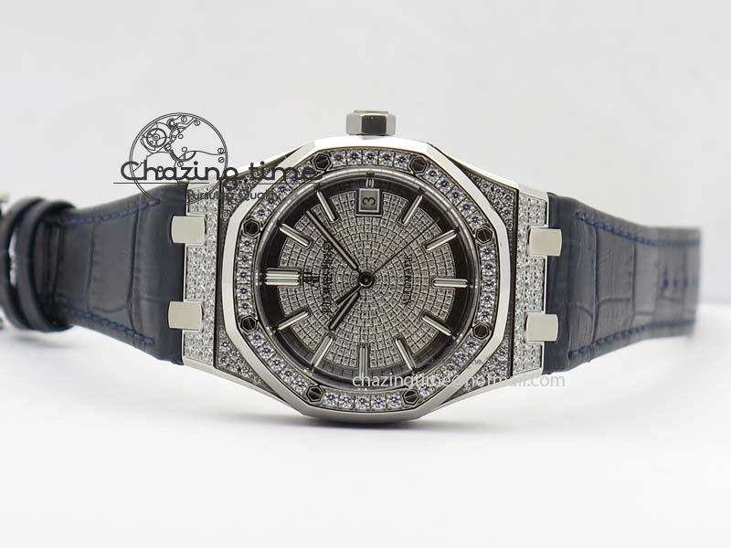 Royal Oak 37mm 15452 SS Full Paved Diamonds JF 1:1 Best Edition Diamonds Dial On Leather Strap A3120