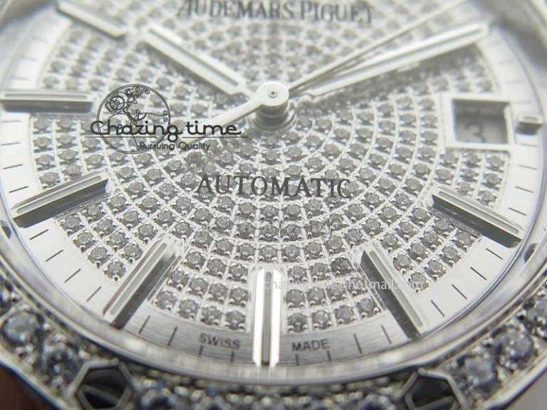 Royal Oak 37mm 15452 SS Full Paved Diamonds JF 1:1 Best Edition Diamonds Dial On Leather Strap A3120