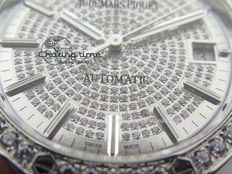 Royal Oak 37mm 15452 SS Full Paved Diamonds JF 1:1 Best Edition Diamonds Dial On Leather Strap A3120