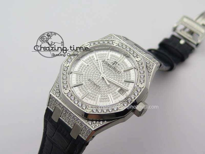 Royal Oak 37mm 15452 SS Full Paved Diamonds JF 1:1 Best Edition Diamonds Dial On Leather Strap A3120