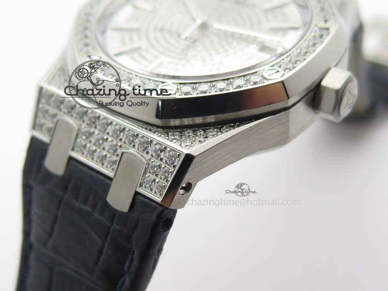Royal Oak 37mm 15452 SS Full Paved Diamonds JF 1:1 Best Edition Diamonds Dial On Leather Strap A3120
