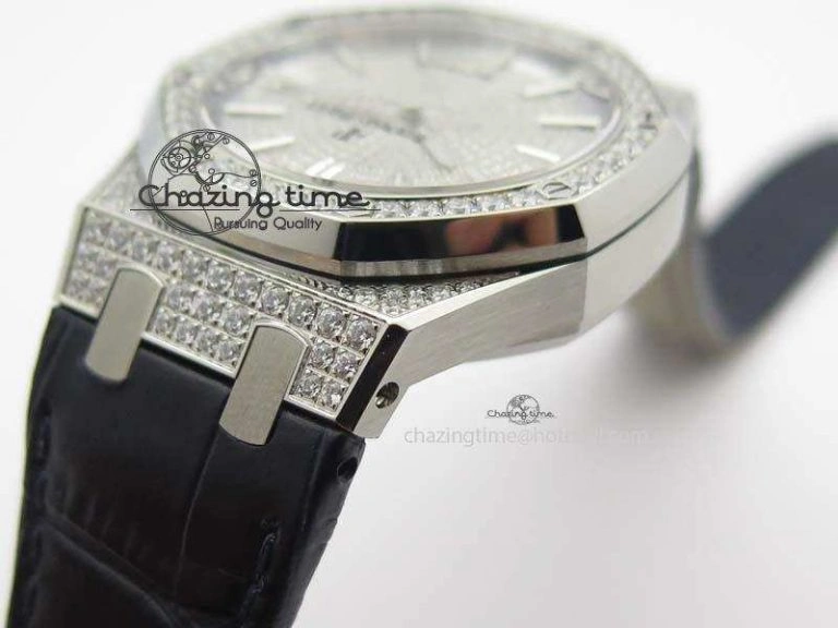 Royal Oak 37mm 15452 SS Full Paved Diamonds JF 1:1 Best Edition Diamonds Dial On Leather Strap A3120
