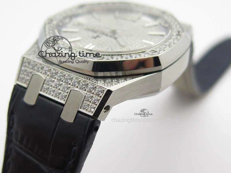 Royal Oak 37mm 15452 SS Full Paved Diamonds JF 1:1 Best Edition Diamonds Dial On Leather Strap A3120