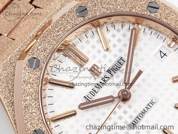 Royal Oak 37mm 15454 Frosted RG APSF 1:1 Best Edition White Textured Dial on Frosted RG Bracelet SA3120 Super Clone