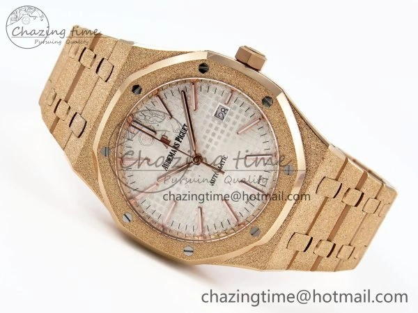 Royal Oak 41mm 15400 Frosted RG IPF 1:1 Best Edition White Textured Dial on RG Bracelet SA3120 Super Clone