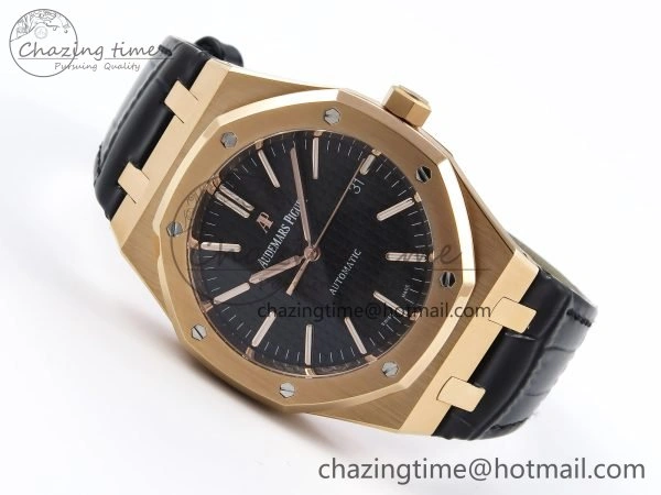 Royal Oak 41mm 15400 RG APSF 1:1 Best Edition Black Textured Dial on Black Leather Strap SA3120 Super Clone V3