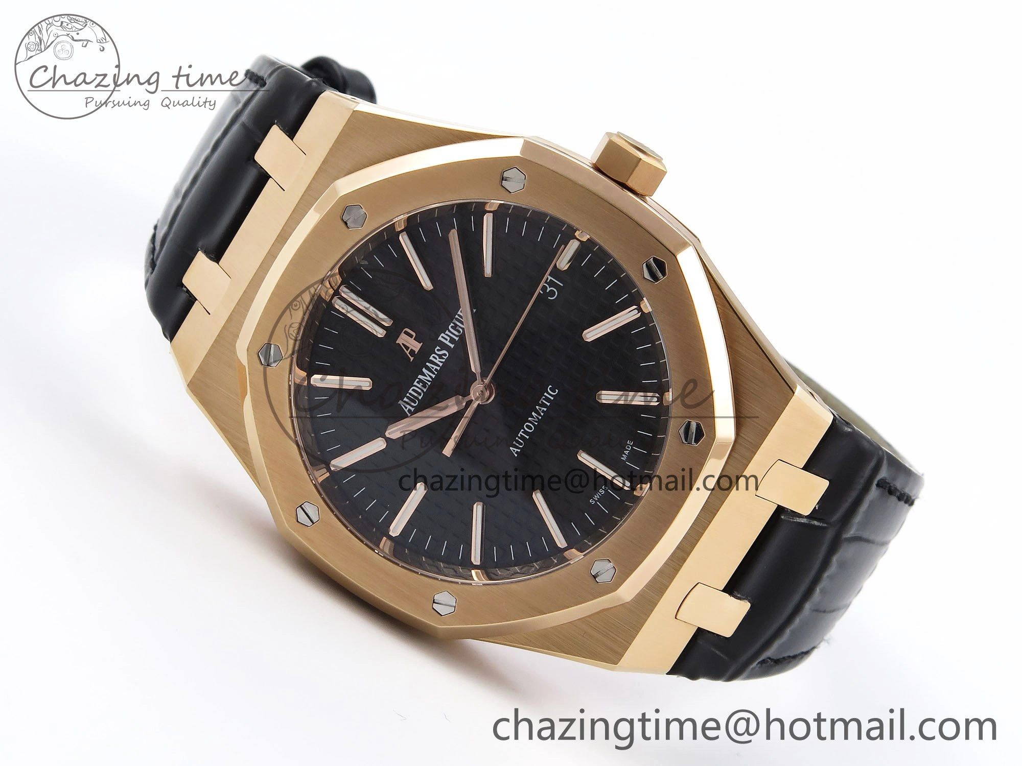 Royal Oak 41mm 15400 RG APSF 1:1 Best Edition Black Textured Dial on Black Leather Strap SA3120 Super Clone V3
