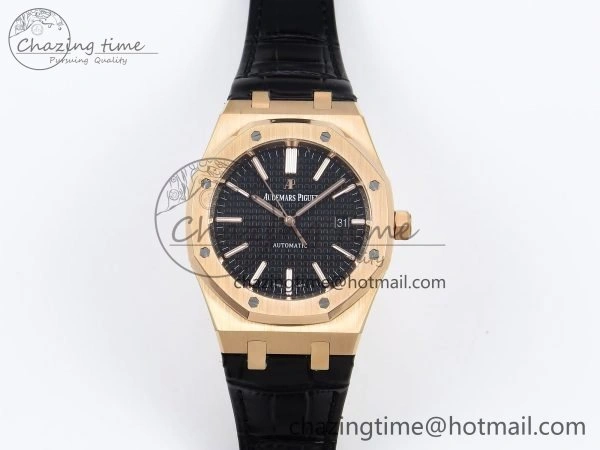 Royal Oak 41mm 15400 RG APSF 1:1 Best Edition Black Textured Dial on Black Leather Strap SA3120 Super Clone V3