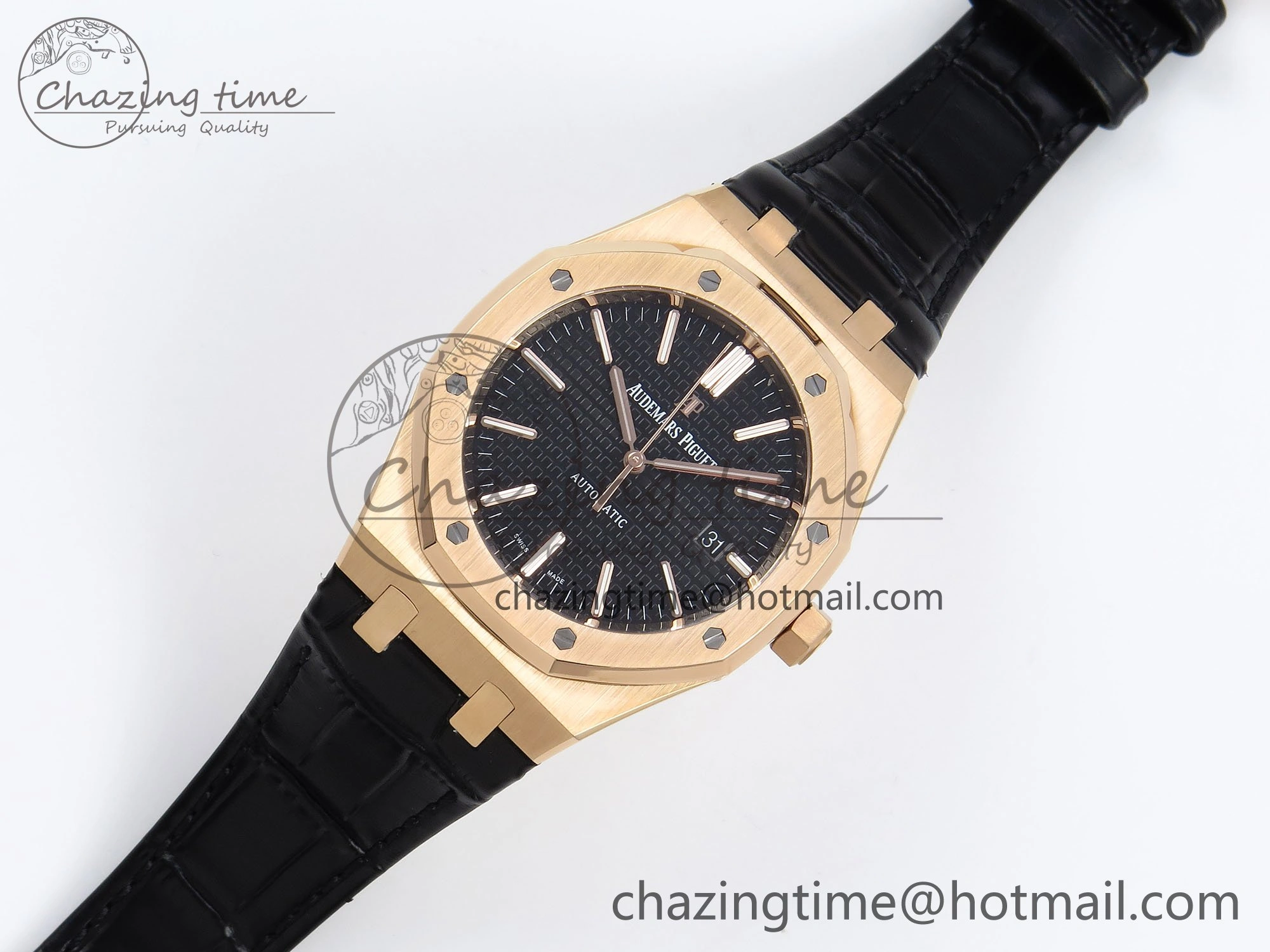 Royal Oak 41mm 15400 RG APSF 1:1 Best Edition Black Textured Dial on Black Leather Strap SA3120 Super Clone V3