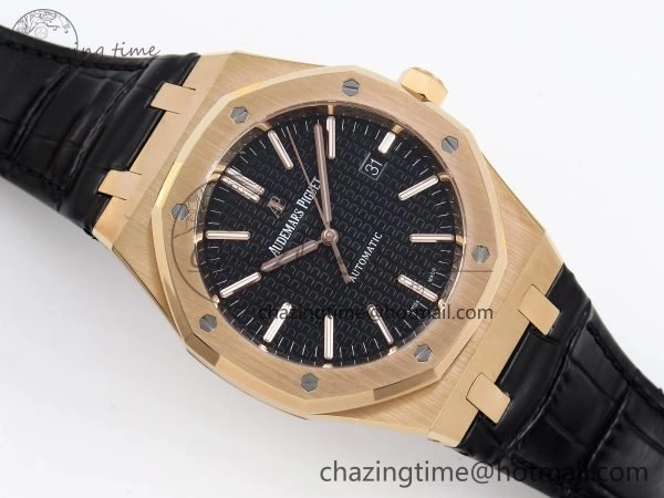 Royal Oak 41mm 15400 RG APSF 1:1 Best Edition Black Textured Dial on Black Leather Strap SA3120 Super Clone V3
