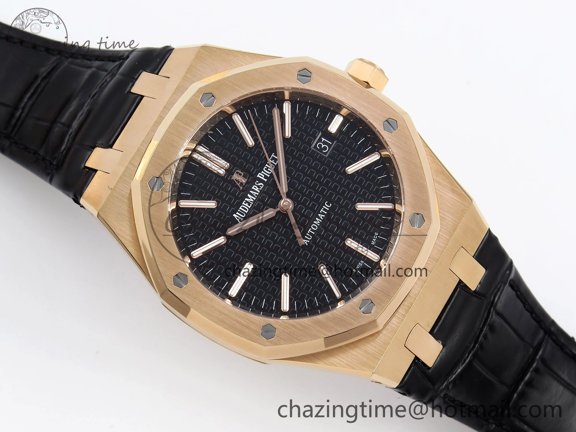 Royal Oak 41mm 15400 RG APSF 1:1 Best Edition Black Textured Dial on Black Leather Strap SA3120 Super Clone V3