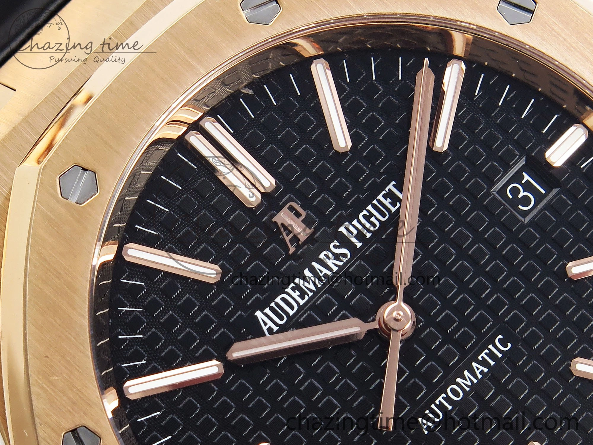 Royal Oak 41mm 15400 RG APSF 1:1 Best Edition Black Textured Dial on Black Leather Strap SA3120 Super Clone V3