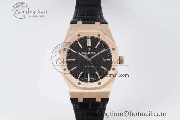 Royal Oak 41mm 15400 RG IPF 1:1 Best Edition Black Textured Dial on Black Leather Strap SA3120 Super Clone