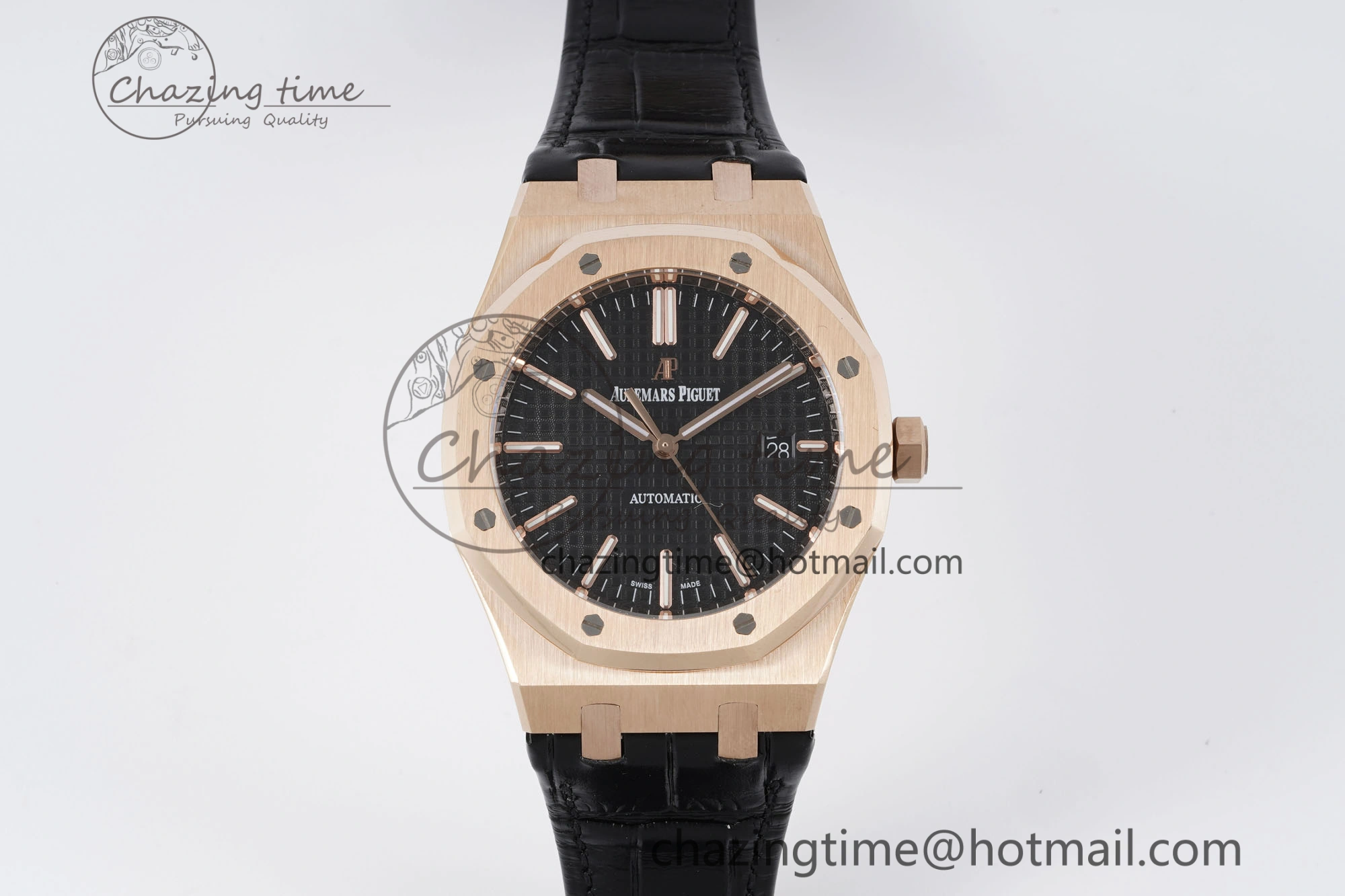 Royal Oak 41mm 15400 RG IPF 1:1 Best Edition Black Textured Dial on Black Leather Strap SA3120 Super Clone