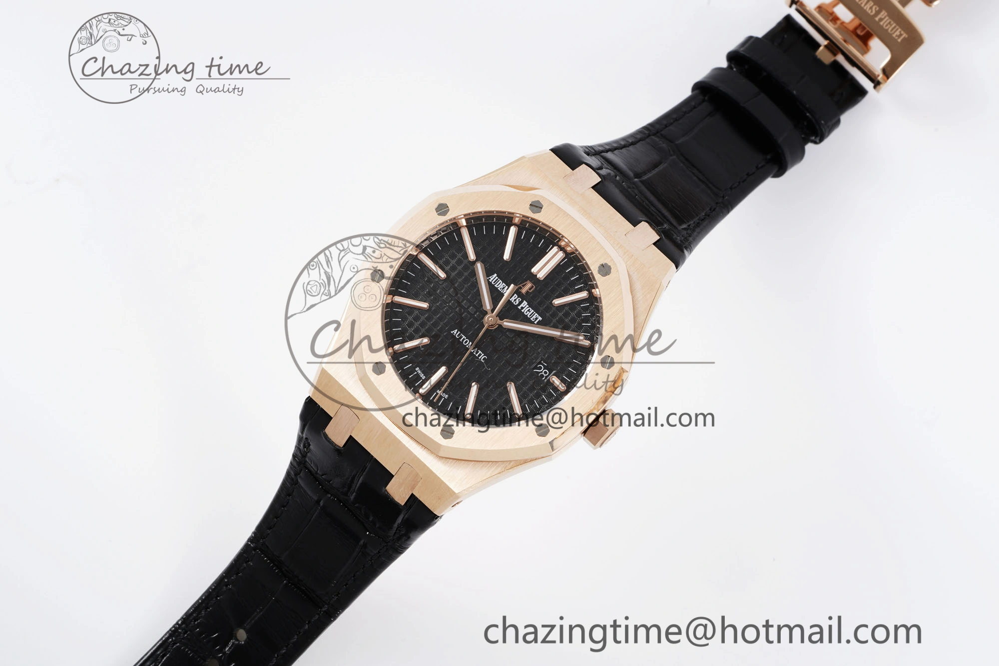 Royal Oak 41mm 15400 RG IPF 1:1 Best Edition Black Textured Dial on Black Leather Strap SA3120 Super Clone