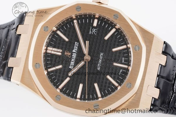 Royal Oak 41mm 15400 RG IPF 1:1 Best Edition Black Textured Dial on Black Leather Strap SA3120 Super Clone