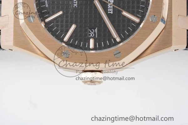 Royal Oak 41mm 15400 RG IPF 1:1 Best Edition Black Textured Dial on Black Leather Strap SA3120 Super Clone