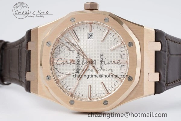 Royal Oak 41mm 15400 RG IPF 1:1 Best Edition White Textured Dial on Brown Leather Strap SA3120 Super Clone