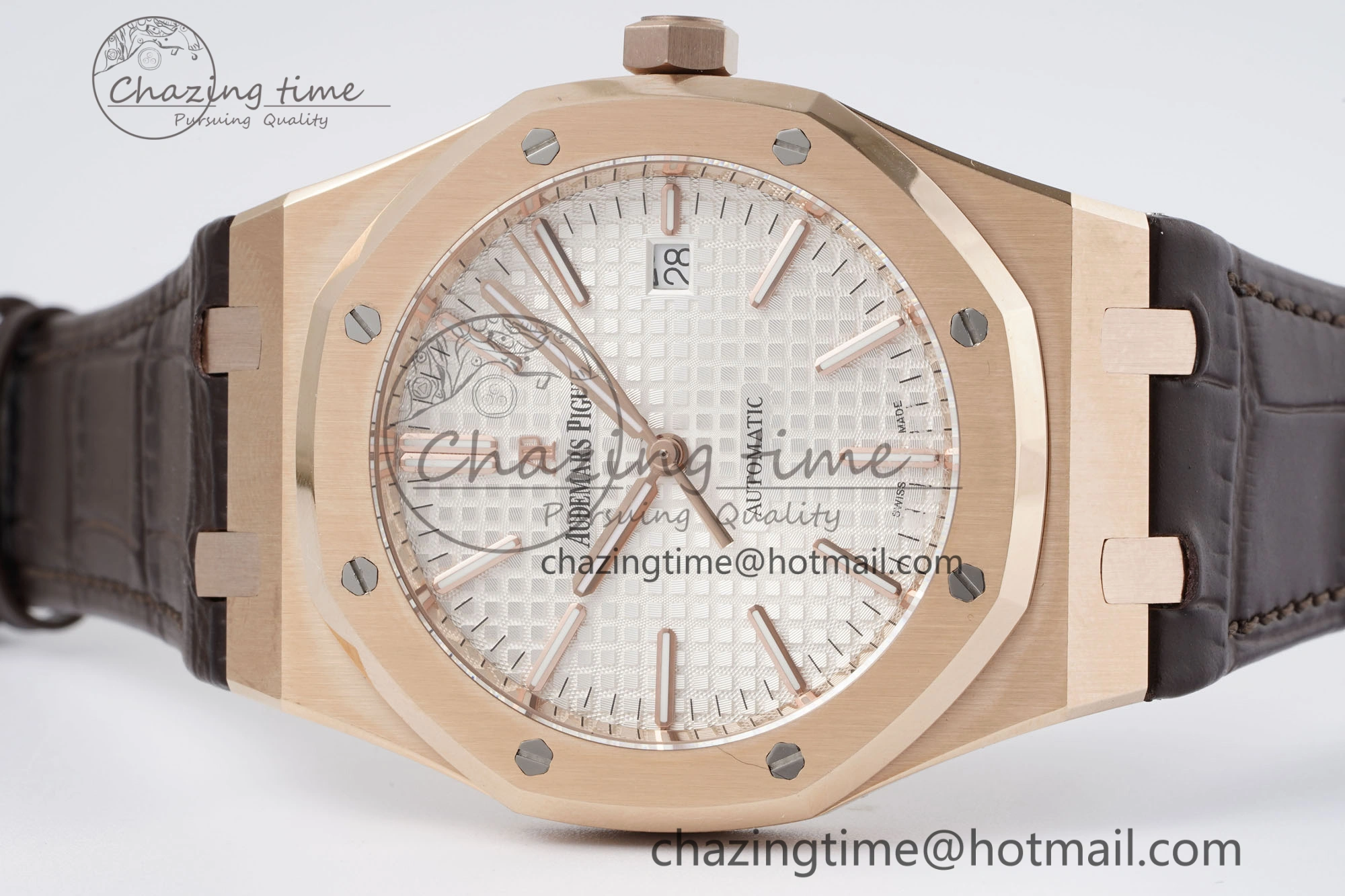 Royal Oak 41mm 15400 RG IPF 1:1 Best Edition White Textured Dial on Brown Leather Strap SA3120 Super Clone