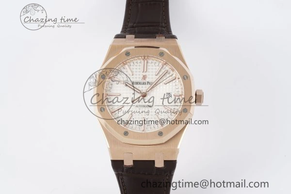 Royal Oak 41mm 15400 RG IPF 1:1 Best Edition White Textured Dial on Brown Leather Strap SA3120 Super Clone