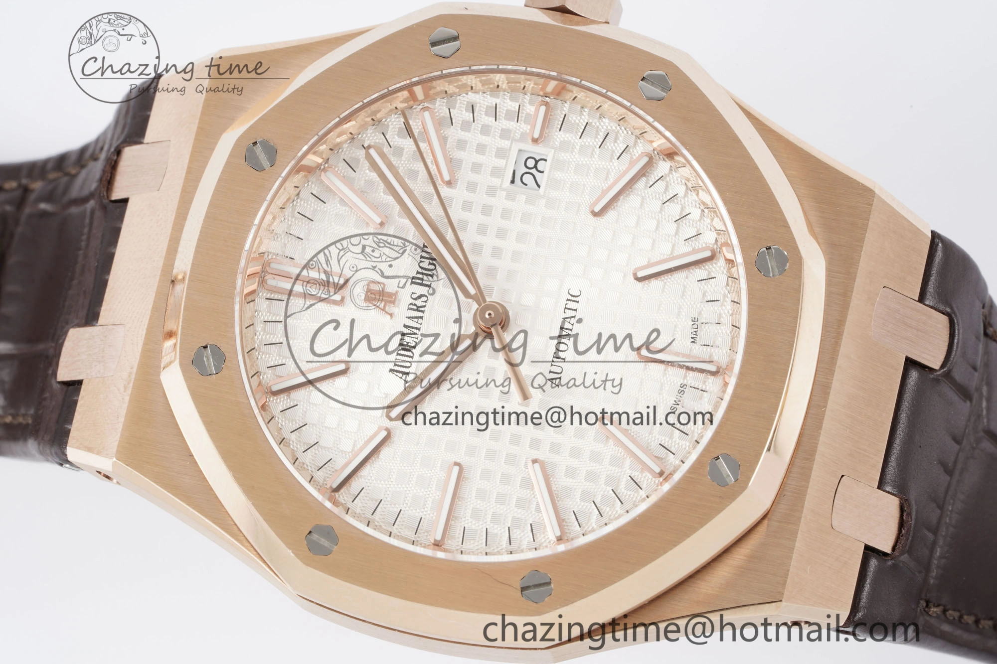 Royal Oak 41mm 15400 RG IPF 1:1 Best Edition White Textured Dial on Brown Leather Strap SA3120 Super Clone