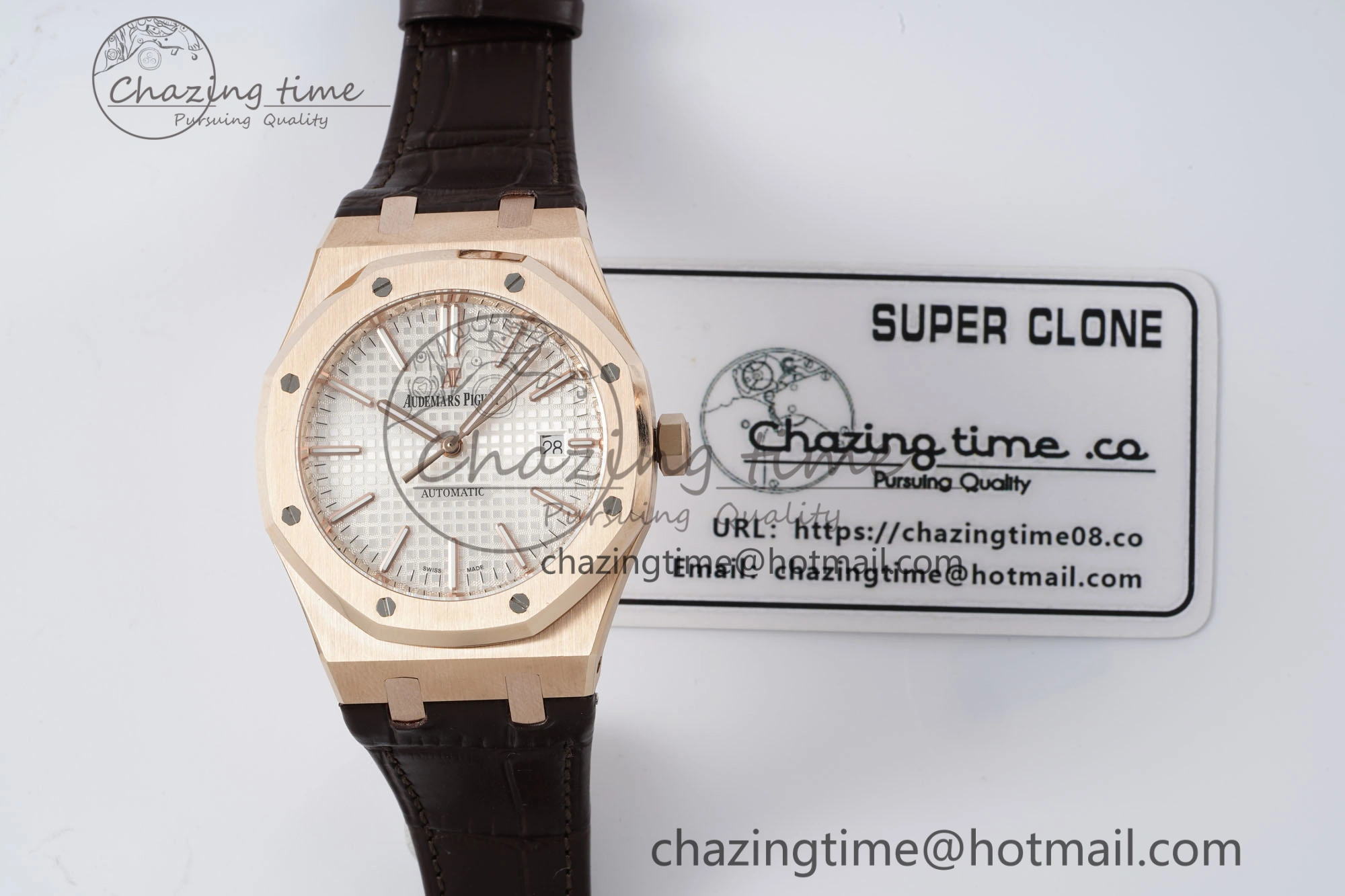 Royal Oak 41mm 15400 RG IPF 1:1 Best Edition White Textured Dial on Brown Leather Strap SA3120 Super Clone