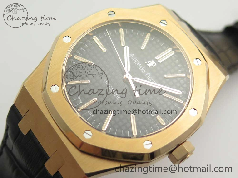 Royal Oak 41mm 15400 RG JF 1:1 Best Edition Black Textured Dial on Black Leather Strap A3120 V5