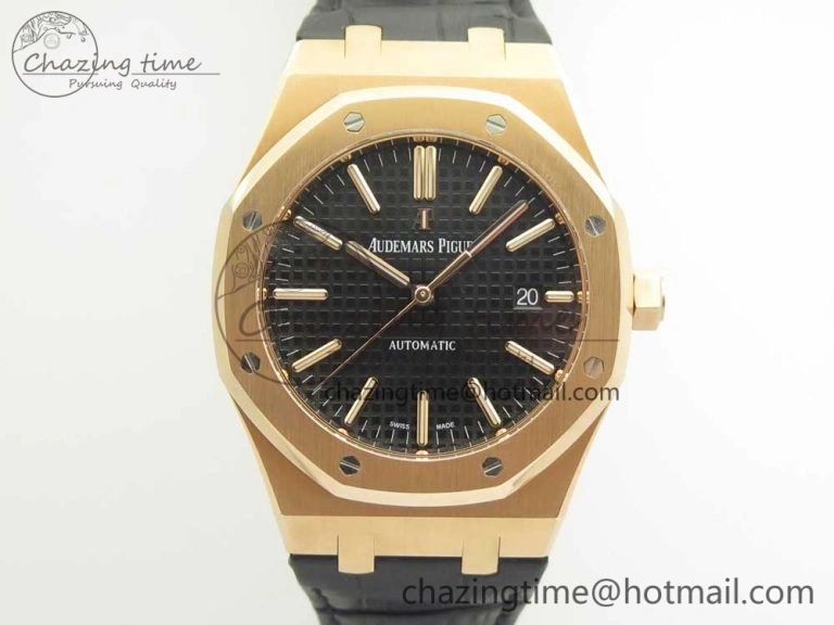 Royal Oak 41mm 15400 RG JF 1:1 Best Edition Black Textured Dial on Black Leather Strap A3120 V5
