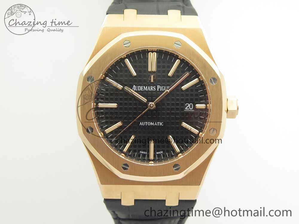 Royal Oak 41mm 15400 RG JF 1:1 Best Edition Black Textured Dial on Black Leather Strap A3120 V5