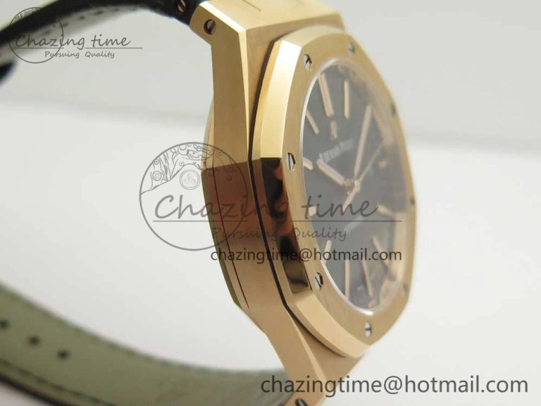 Royal Oak 41mm 15400 RG JF 1:1 Best Edition Black Textured Dial on Black Leather Strap A3120 V5