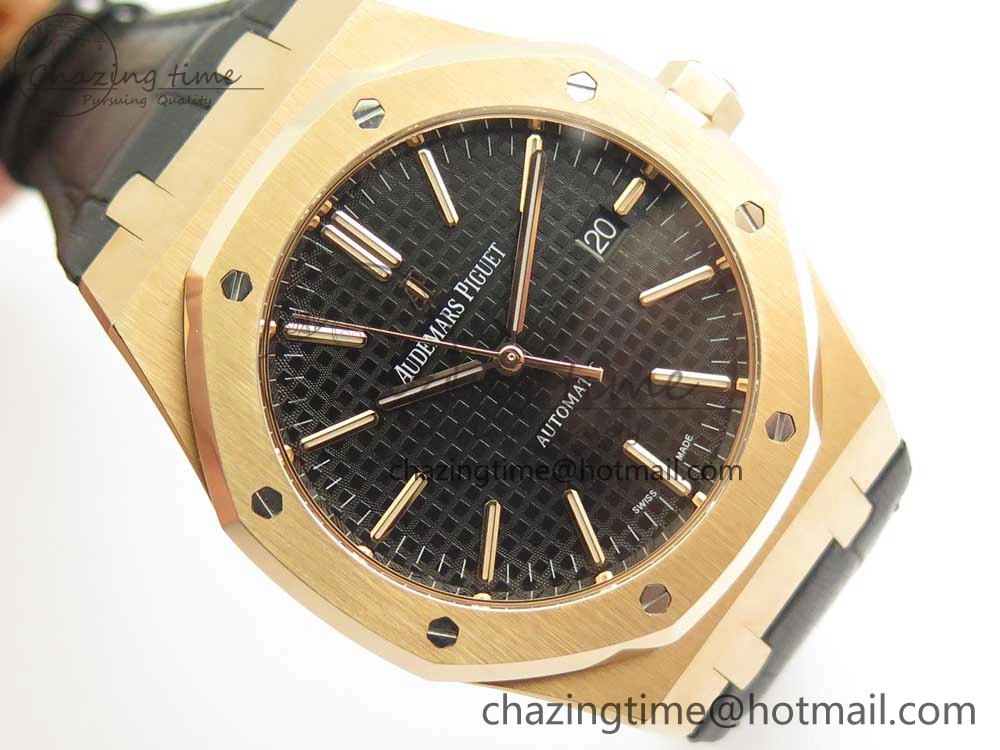 Royal Oak 41mm 15400 RG JF 1:1 Best Edition Black Textured Dial on Black Leather Strap A3120 V5