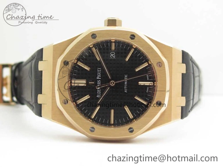 Royal Oak 41mm 15400 RG JF 1:1 Best Edition Black Textured Dial on Black Leather Strap A3120 V5