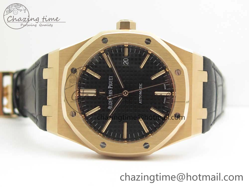 Royal Oak 41mm 15400 RG JF 1:1 Best Edition Black Textured Dial on Black Leather Strap A3120 V5