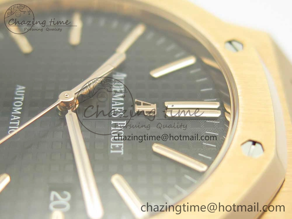 Royal Oak 41mm 15400 RG JF 1:1 Best Edition Black Textured Dial on Black Leather Strap A3120 V5
