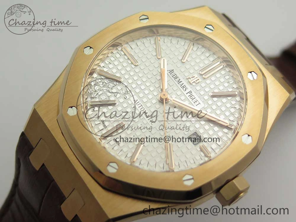 Royal Oak 41mm 15400 RG JF 1:1 Best Edition White Textured Dial on Brown Leather Strap A3120 V5