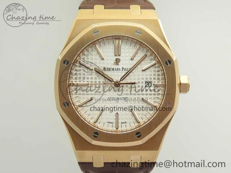 Royal Oak 41mm 15400 RG JF 1:1 Best Edition White Textured Dial on Brown Leather Strap A3120 V5
