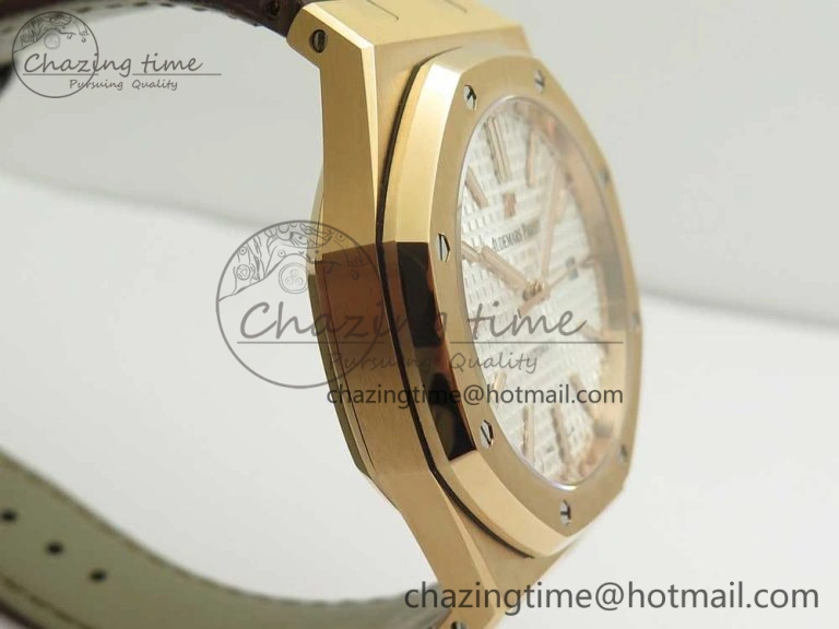 Royal Oak 41mm 15400 RG JF 1:1 Best Edition White Textured Dial on Brown Leather Strap A3120 V5